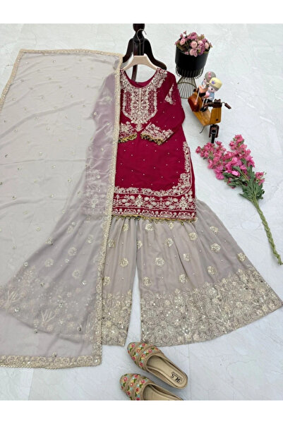 MYSMAR Maroon Faux Georgette Sequence Top Pant & Dupatta - RYC3007 | Maroon