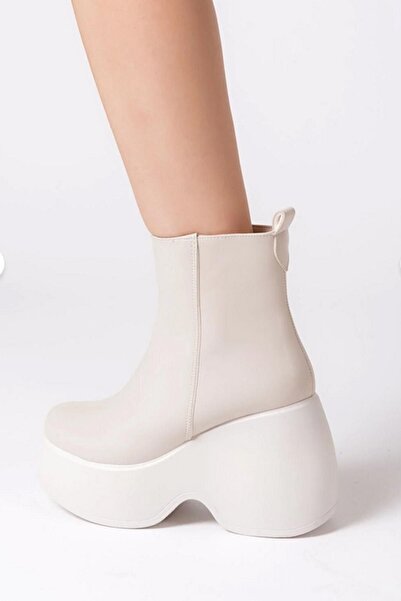 asmi shoes Women's Celsi Cream Skin Side Zipper 9 cm High Wedge Heeled Seasonal Women's Short Boots Bootie