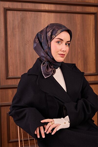 Silk Home Twill Silk Scarf Petrol Blue Floral Pattern 90X90