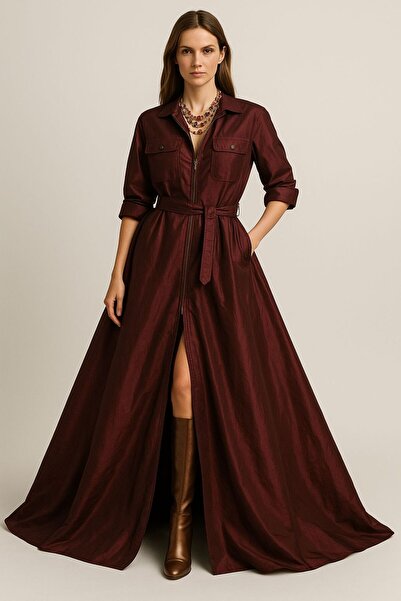 ALYEL NAKER فستان قميص ماكسي من التفتا بتصميم خاص على الطراز العملي