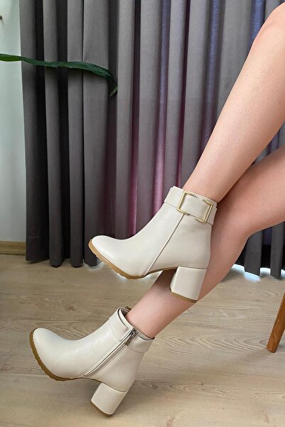 asmi shoes Γυναικείες μπότες με τακούνι (6 εκ.) με οβάλ μύτη, με κρεμ δέρματος (6 εκ.)