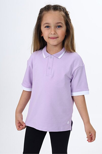 Toontoy Girl's Printed Polo Neck Snap Fastener Short Sleeve Slit T-Shirt