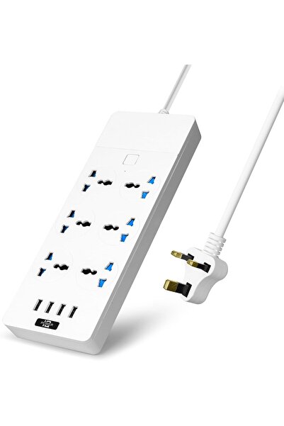 Baytion Universal Extension Lead - 6-Gang UK Sockets + 4 USB Ports, 2m Surge-Protected Power Strip (