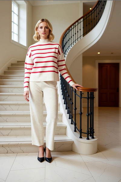 BENERLY طقم نسائي مكون من قطعتين، سترة وبنطلون مخطط قصة فضفاضة ياقة مرتفعة مت...