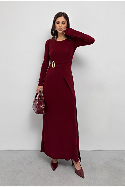 XELA فستان ساندي بأكمام طويلة وياقة دائرية مع تفاصيل أزرار