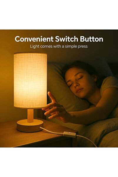 Baytion Bedside Table Lamp, Warm USB Charging, Linen Shade & Log Base (Button Switch; Fixed Lighting