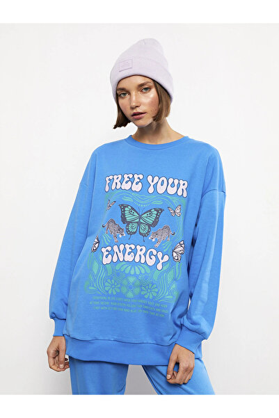 LC Waikiki Γυναικείο μακρυμάνικο φούτερ LCW Vision Blue Crew Neck με τύπωμα
