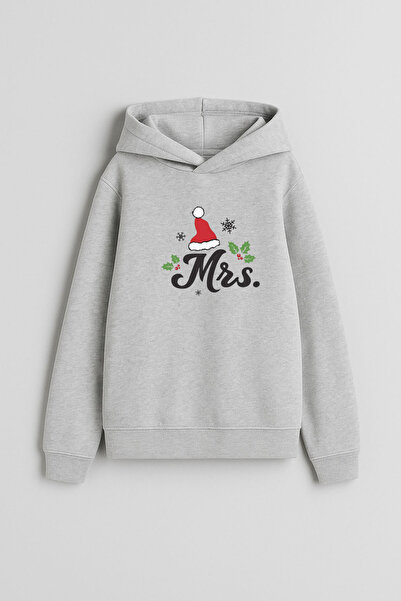 MODA Mrs. New Year Santa Claus New Year's Christmas Printed Gray Hooded Sweatshirt