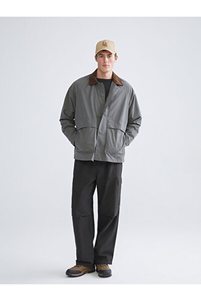 LC Waikiki Xside Khaki Corded Fabric Men's Slim Coat with Velvet Collar