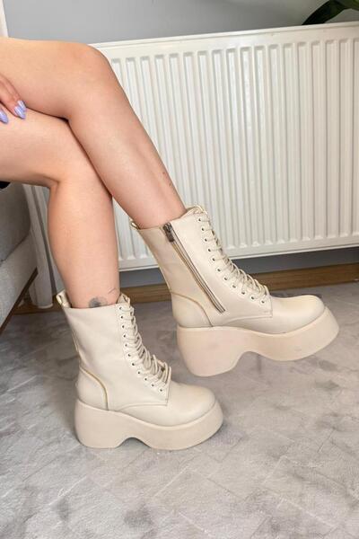 asmi shoes Women's Riva Beige Leather Side Zipper Lace-Up High Wedge Heeled Long Boots Bootie