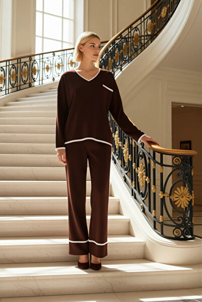 BENERLY Ženski komplet od širokog kroja: pleteni džemper sa V-izrezom i niski...