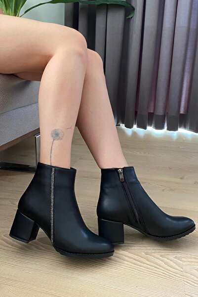 asmi shoes Дамски модни черни кожени ботуши с капси отстрани (6 см) и овални ...