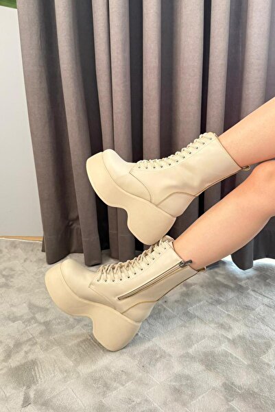 asmi shoes Women's Riva Beige Leather Side Zipper Lace-Up High Wedge Heeled Long Boots Bootie