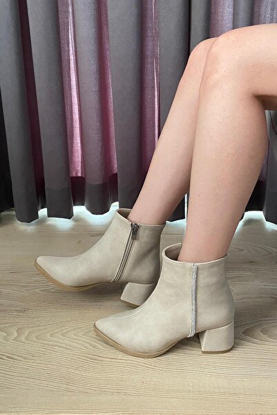 asmi shoes Γυναικείες μπότες York Kırem Emerald Side Stone (6 cm) με τακούνι με μυτερή μύτη