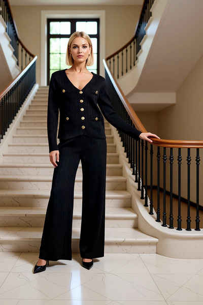 BENERLY Set de tricotaje pentru femei, cardigan și pantaloni cu picior larg, ...