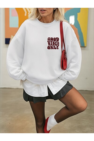 ArtYus Unisex Long Sleeve Good Vibes Only Transfer Printed Plus Size Crew Neck Sweatshirt