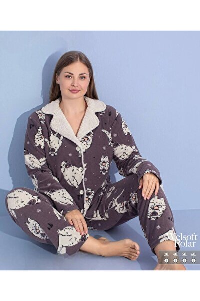 Hirazenmoda Women's Oversized Fleece Pajama Set – Buttoned Collar, Soft Welsoft Fabric Winter Model