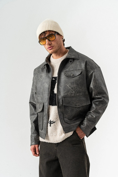 go gang own Δερμάτινο παλτό με φερμουάρ και λεπτομέρεια τσέπης Flarepoint