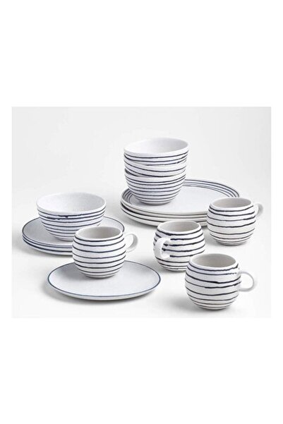 Crate & Barrel Lina 16 Parça Mat Mavi Çizgili Yemek Takımı