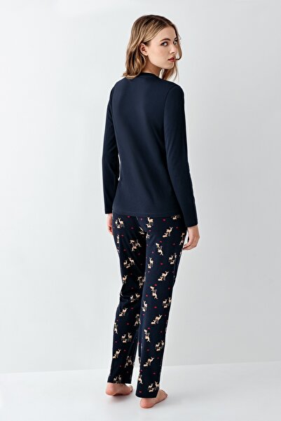 White Velvet Women's Navy Blue Color 100% Cotton Round Neck Long Sleeve Deer Printed Pajamas Set