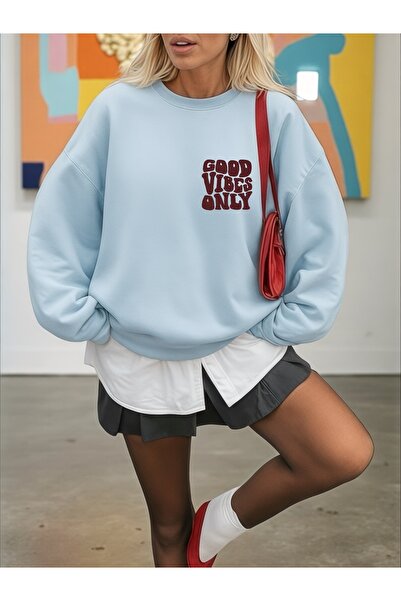 ArtYus Unisex Long Sleeve Good Vibes Only Transfer Printed Plus Size Crew Neck Sweatshirt