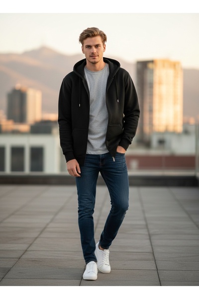 MELLORENZO سويت شيرت رجالي بغطاء للرأس وسحاب