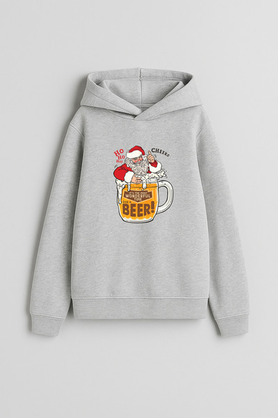 MODA Bira Beer New Year Santa Claus Christmas Printed Grey Hooded Sweatshirt