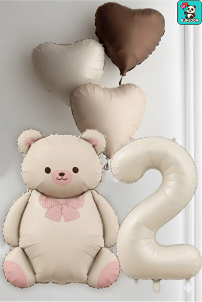 Bunloon 2 Yaş Krem Folyo ve Krem Papyonlu Ayı Figürlü Kalp Temalı Doğum Günü ...
