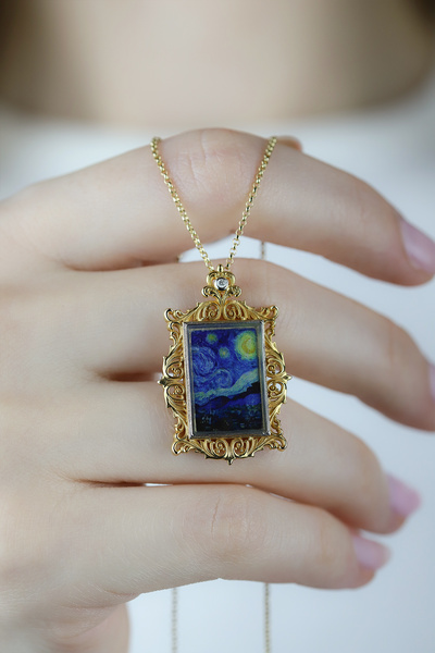 Coy Diamond Van Gogh Kolye, Tablo Kolye, Sanat Kolye, 14 Ayar Altın Kolye, Al...