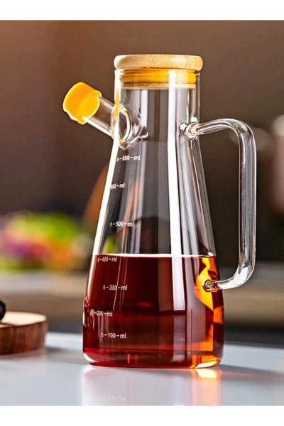 Flash Bazaar Glass Oil Pot with Bamboo Lid Vacuum Borosilicate Glass Vinegar Bottle Olive Oil Bottle Oil Dispenser 900ml