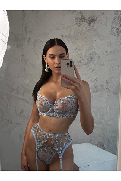 lizabella Mavi Çiçekli Balenli Dantel Sütyen & Tanga & Jartiyer, İç Çamaşır Takımı