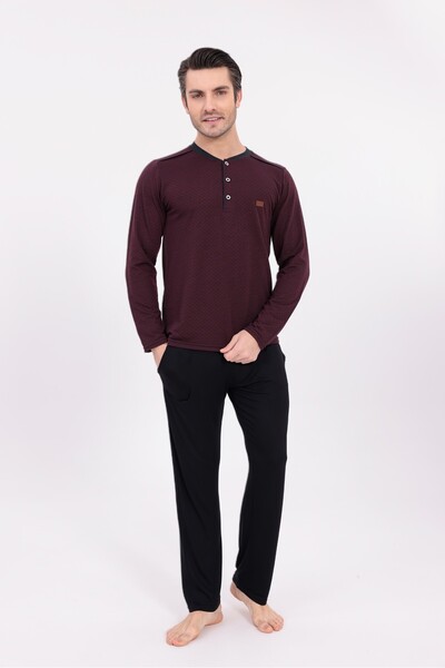 BLACKMORE Men's Burgundy Jacquard Winter Cotton Long Sleeve Pajama Set