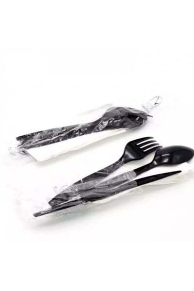 plastike مجموعة أدوات مائدة بلاستيكية بكميات كبيرة (50 مجموعة) - ملعقة وشوكة وسكين ومنديل للاستخدام مرة واحدة