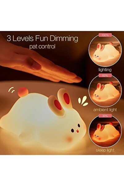 BORTONY Rabbit Night Light - Silicone, 3-Color Dimmable Touch Lamp, Rechargeable (Big Face Rabbit)