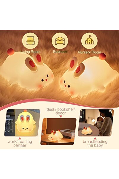 BORTONY Rabbit Night Light - Silicone, 3-Color Dimmable Touch Lamp, Rechargeable (Big Face Rabbit)