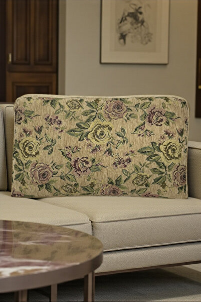 AYPETEKS Şantuk Kadife Çiçek Desenli Vizon Kutu Model Koltuk Sırt Minder Kılıfı -Büyük Sırt Kırlent Kılıfı