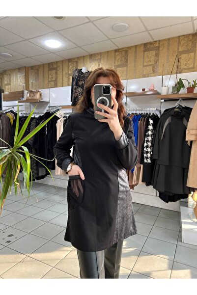 RED SHE Deri ve File Detaylı Siyah Tunik