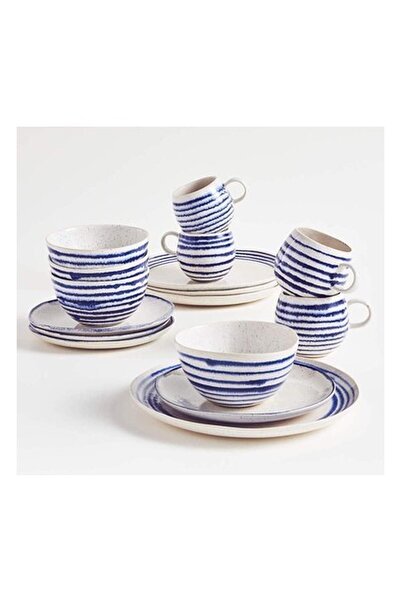 Crate & Barrel Mavi Çizgili 16 Parça Yemek Takımı