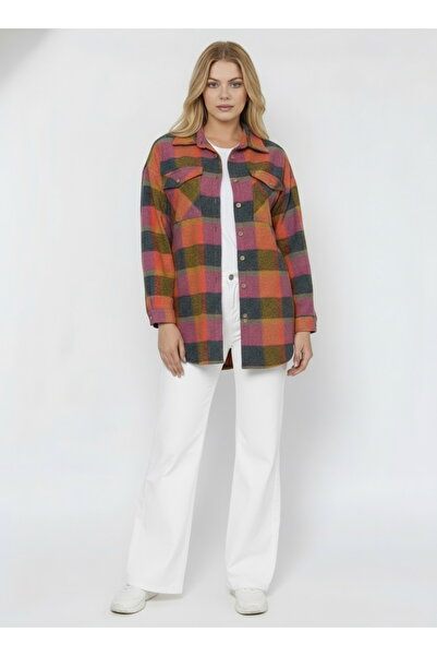 Volanlı Turuncu-Mor Ekose Oversize Oduncu Gömlek
