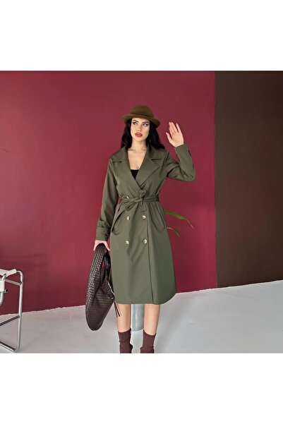 Mivelya Kadın Kemereli Astarlı Trençkot Bondit Kumaş