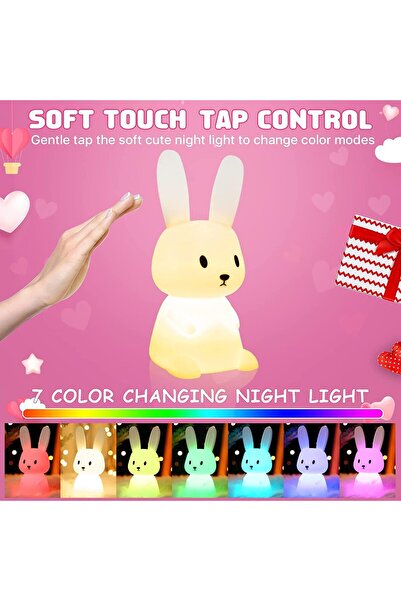YHRY Night Light for Kids Cute Bunny - USB Rechargeable Silicone, 7 Colors, 3-Hour Timer, BPA Free