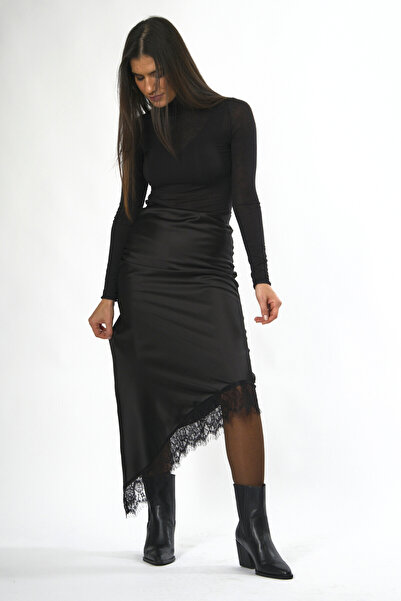 ABBRA Fusta de damă cu aspect satinat cu dantelă și talie elastică