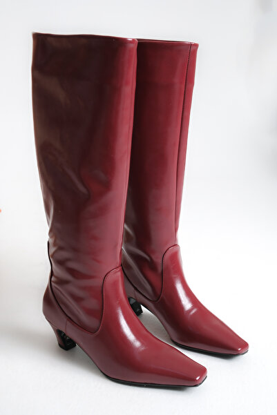 Ayakkabı Delisiyim Cizme de damă din piele strălucitoare burgundy, mini, scur...