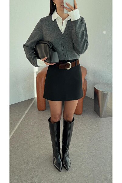 HAZELANNA Black Skirt with Suede Belt