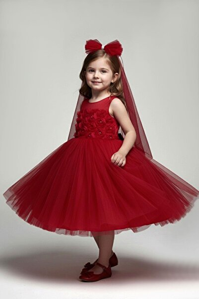 MONİTA Girl's Evening Dress with Bow Detail on the Back, Stoned Tulle, Ages 4-8, Red