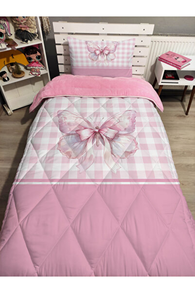 yok yok evim eve dair her şey Welsoft Double-Sided Single Person Stylish Ribbon Bow Butterfly Patterned Single Quilt Sleep Set