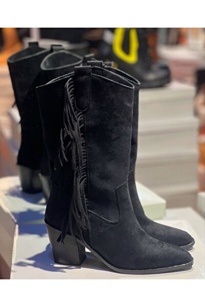 Afilli Afili Γυναικείες μαύρες φούντες με κρόσσια διαφορετικές καουμπόικες μπότες με χοντρό τακούνι