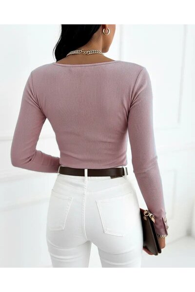 Moda Ebrar Women's Long Sleeve Open Neck and Button Detailed Ribbed Knit Blouse