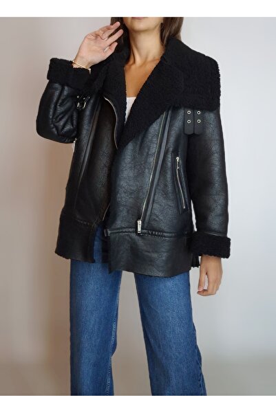 oyagüler Women's Black Cracked Leather Effect Faux Leather with Plush Lamination Inside Alaska Suede Coat Yy101286