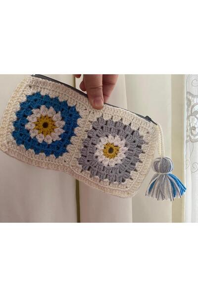 Afilli Alb Gri Albastru Design cu flori în relief Fermoar Tricotat manual Suport card Husă pentru telefon Portofel Geantă mică